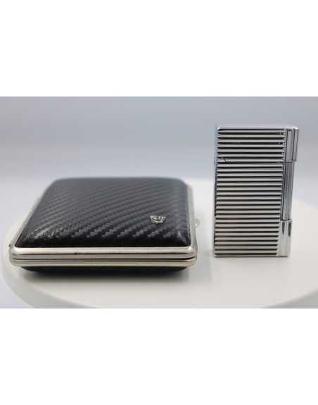 Pakketilbud med Jean Claude Flint Lighter "Dustin" Sølv + Vom Hofe cigaretetui i sort/sølv i ægte læder