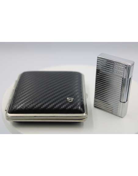Pakketilbud med Jean Claude Flint Lighter "Dustin" Sølv + Vom Hofe cigaretetui i sort/sølv i ægte læder